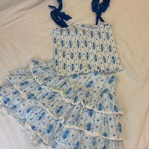 Katie J NYC White and Blue Floral Ruffle Dress